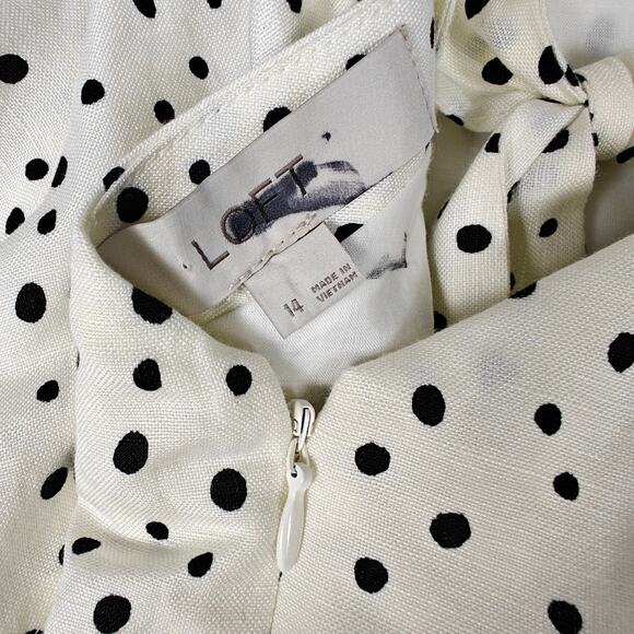 Loft White Black Polka Dot Puff Sleeve Lined Dress Size 14 NEW - Picture 6 of 8